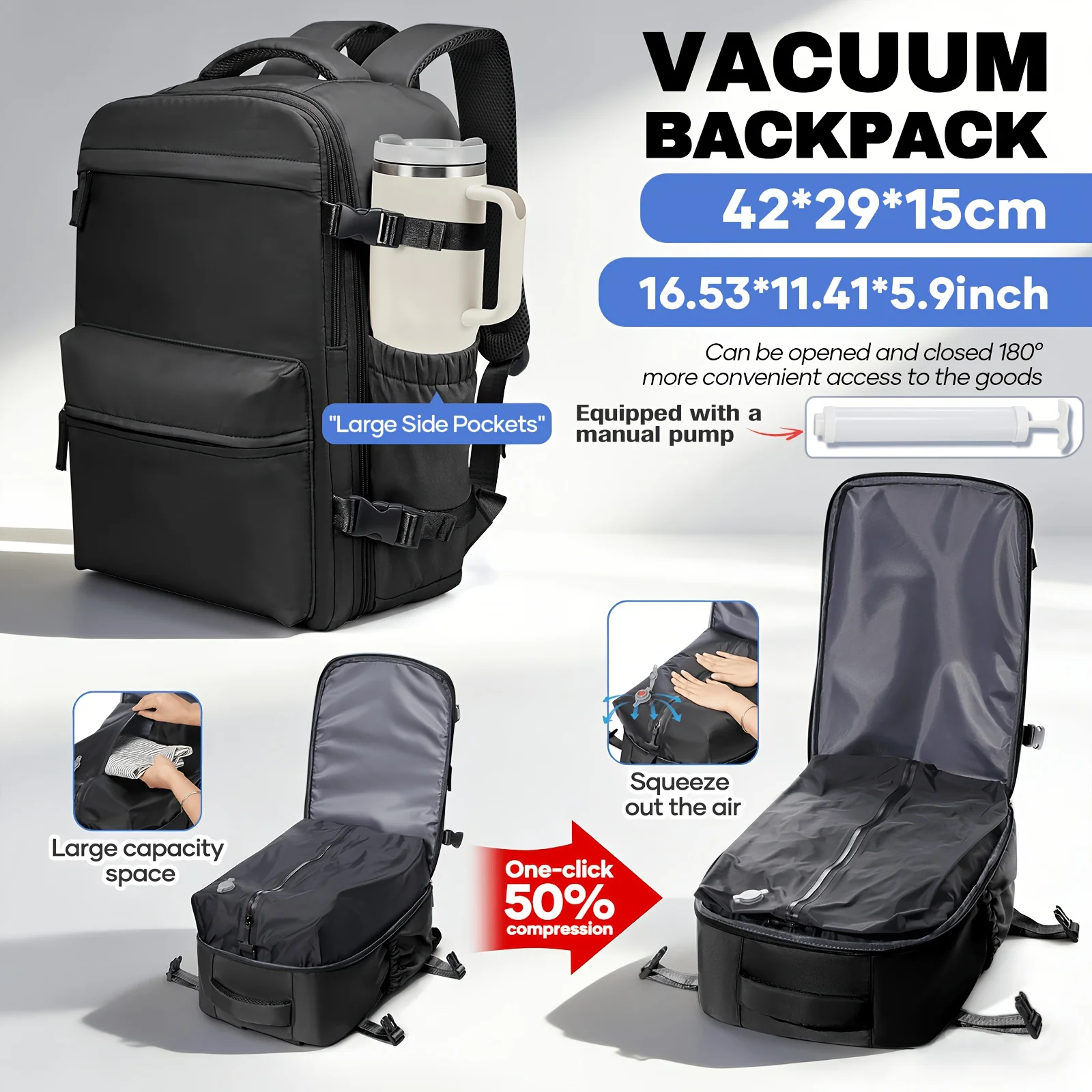 

Large capacity vacuum backpack with manual air pump 180 ° fully open vacuum travel backpack layered storage, dual-use for commut