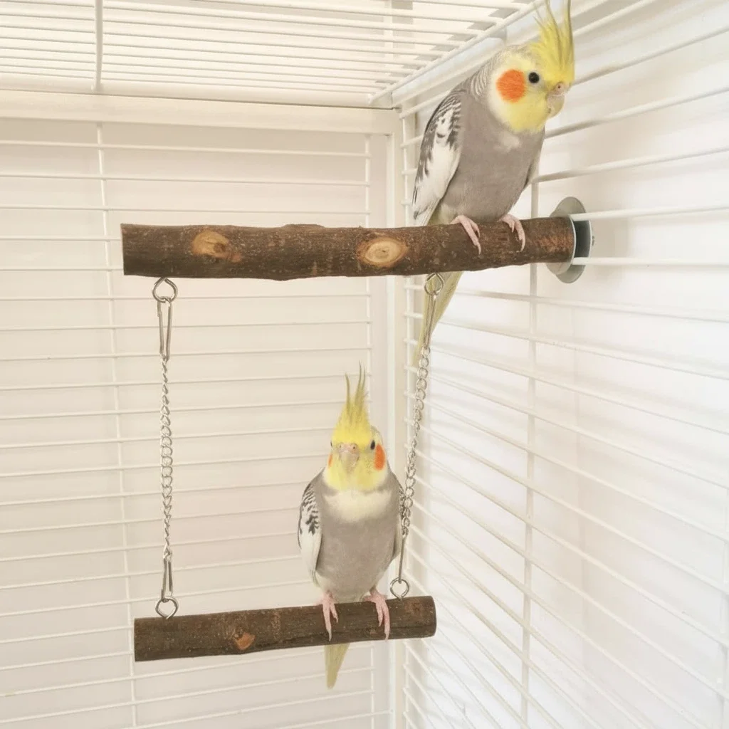 

Wooden Parrot Swing Perch 2 in 1 Universal Bird Cage Toy Durable Bird Stand Stick Easy Install for Small Medium Parrots