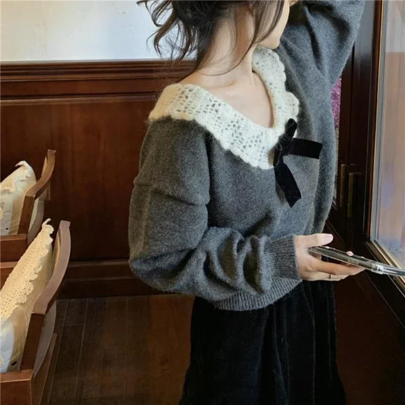 Deeptown-suéteres de estilo coreano para mujer, jerséis de punto elegantes y dulces Kawaii, suéteres Vintage de retazos con lazo gris para Otoño e