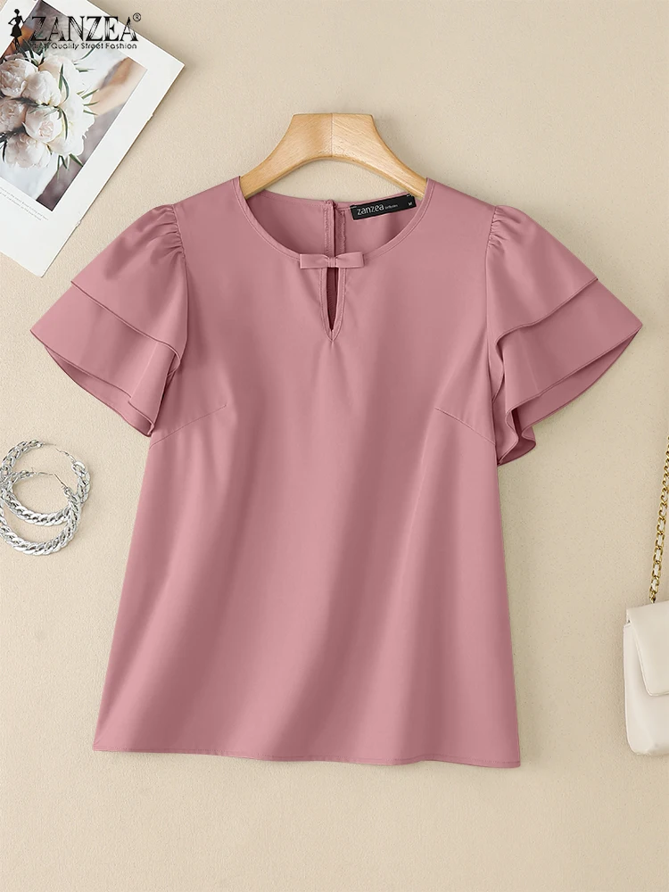 ZANZEA Ritaglio O-Collo Pendolarismo Camicette Moda Donna Elegante Abbigliamento da giorno Top Arco Dettaglio Venduto Colore Ruffles Manica Blusas Mujer