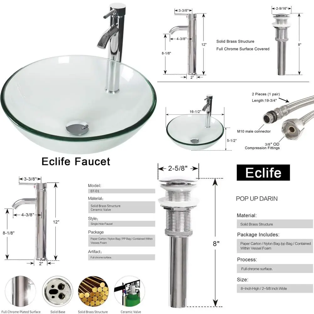 

Round Tempered Glass Bathroom Sink with Water-Saving Faucet and Drain, 16.5 Single Bowl Vanity Basin