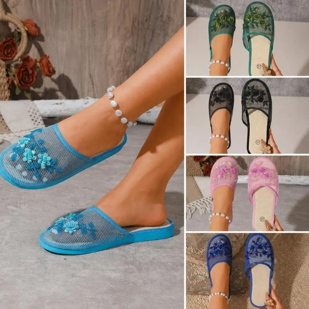 Casual Flower Embroidery Mesh Sandals Soft Bottom Breathable Slide Sandals Non Slip Closed Toe Sandals Women - view 5