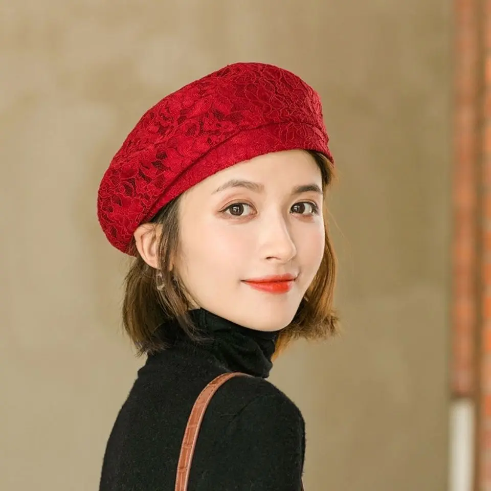 Cienka koronka Beret damski letni Street Shoot Fashion Bud Hat elegancki artystyczny wiosenny jesienny dział czapka malarza ozdobne kapelusze