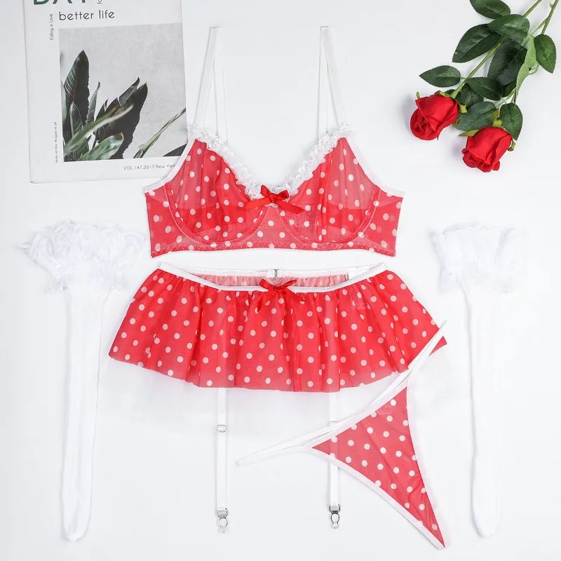 Toucheart Sexy Lingerie Suit for Women Polka Dot Contrast Color Mesh Cloth Cute Puff Mesh Skirt Hem Sexy Underwear 5 Pieces Set