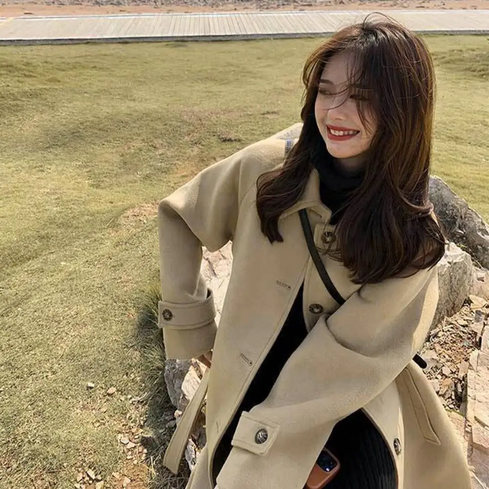 

Women Casual Solid Color Coat Stylish Mid-length Women's Jacket with Belt Turn-down Collar for Fall Winter for Work or Outdoor