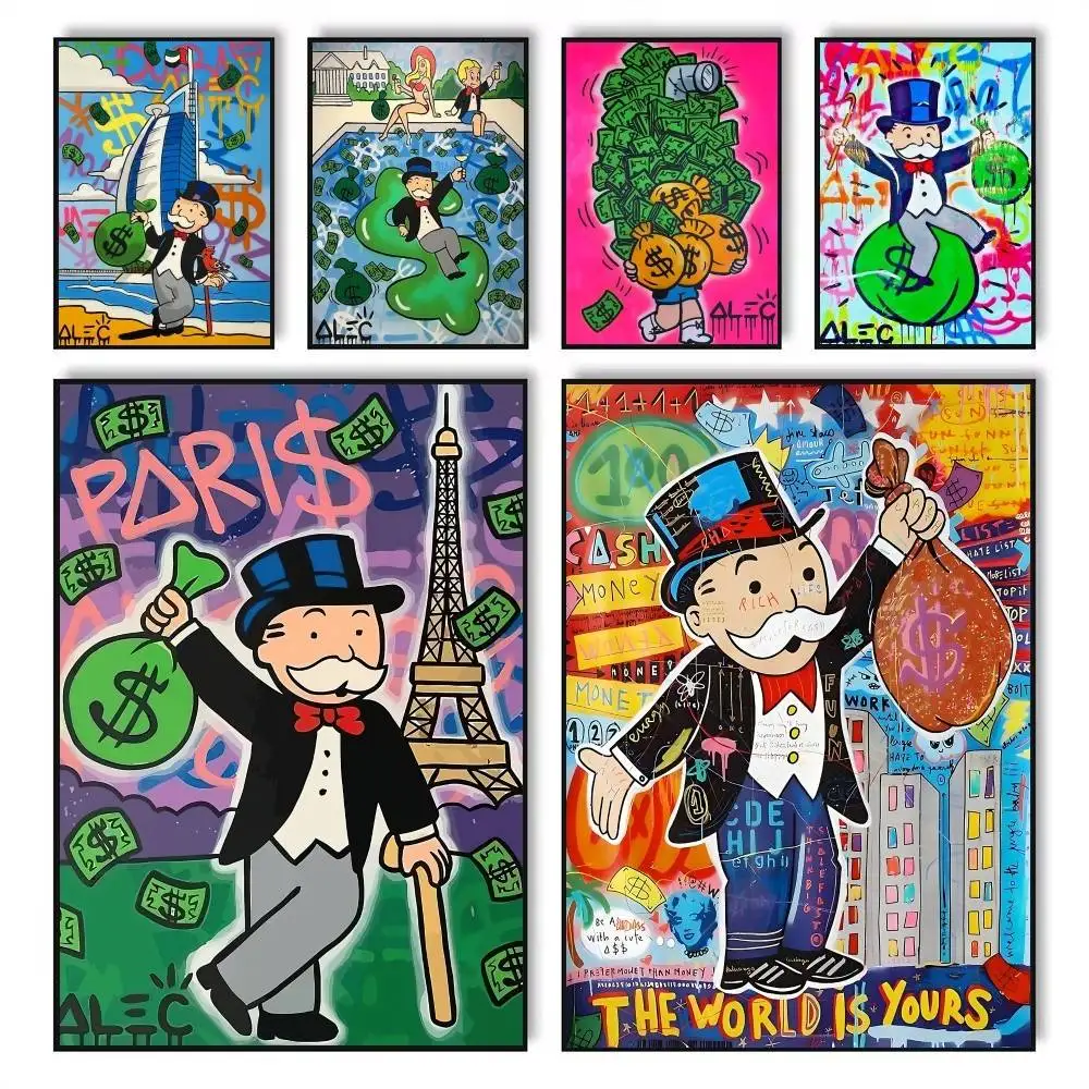 Alec Monopoly And Inspiring Money Poster, selbstklebende Kunst, wasserfester Papieraufkleber, Kaffeehaus, Bar, Zimmer, Wanddekoration