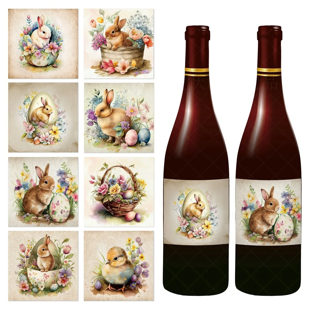 9pcs Happy Easter Wine Bottle Sticker Carton Rabbit Egg Stickers For Easter Party Decorations Red Wine Bottle Sticker Supplies