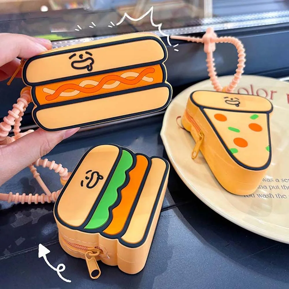 

Shopping Portable Hamburger Coin Purse Waterproof Hot Dog Cartoon Silicone Wallet Mini Pizza Keychian Earphone Bag Women