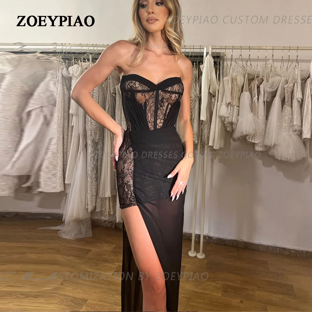 

Black Sexy Lace Draped Evening Dress Nude Chiffon Sheer Sweetheart Corset High Slit Lace Wedding Party Gown Dress Formal Gown