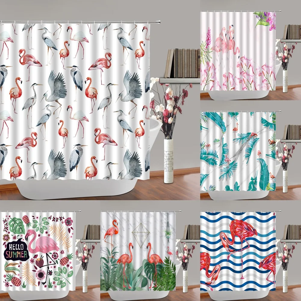 

Flamingo Shower Curtain Watercolor Abstract Art Animal Heron Birds Tropical Leaves Fabric Bathroom Decor Curtains Set with Hooks