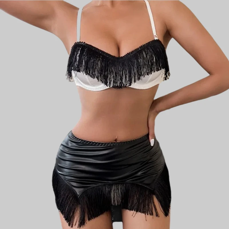 

Toucheart Sexy Lingerie 4-piece Set for Women Pu Patchwork Tassel Bodycon Skirt Sexy Contrast Color Interesting Underwear Set