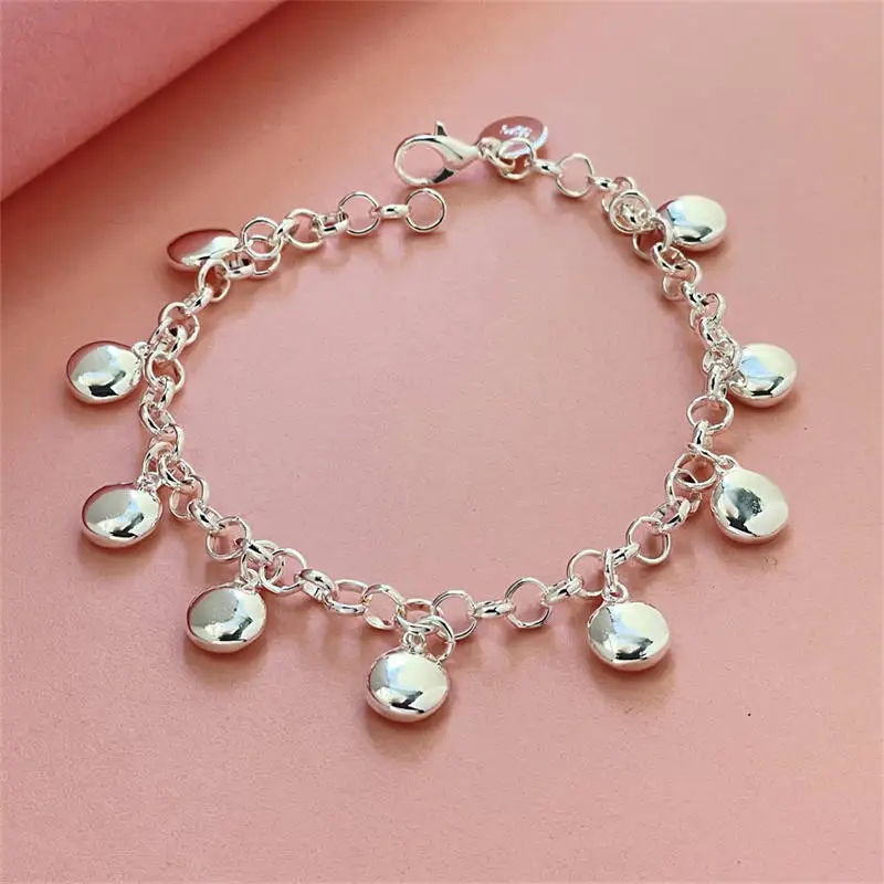 925 Sterling Silver Solid Beads Chain Pendant Bracelet For Women Charm Wedding Engagement Jewelry