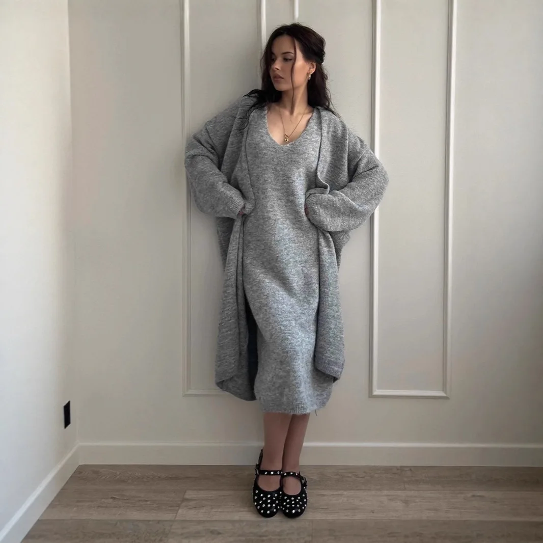 Autumn Winter V-ne Knitted Vest Skirt Cardigan Two-piece Set Faionable Casual Wear for Young Women Ages 8-25