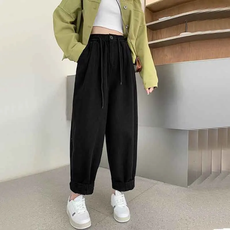 100% Cotton Japanese Cargo Pants Women Fall Loose High Waist Drawstring Casual Harem Trousers Bf Solid All Match Straight Pants