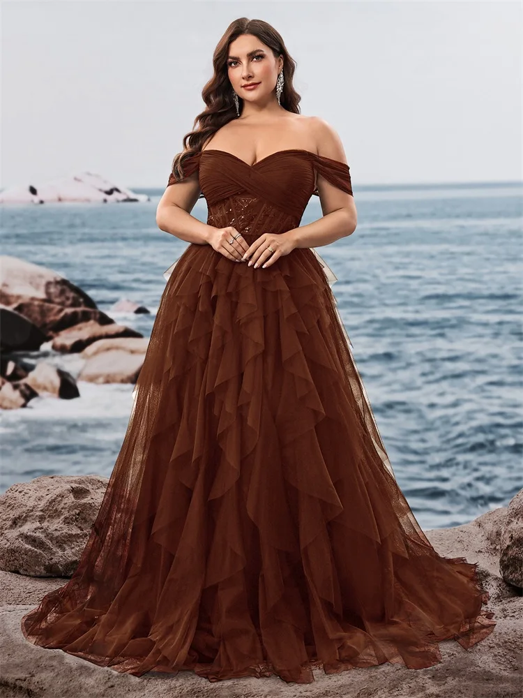 Plus Size Black Elegant Sleevesless Tulle Fishbone Design Off-shoulder Evening Dress Formal Wedding Party Guest Gowns