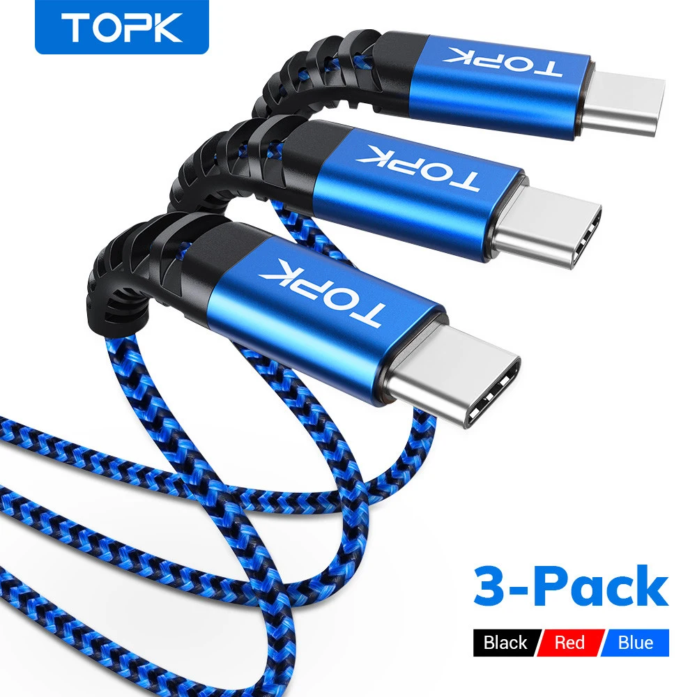 TOPK [3-Pack] 3A USB Type C Cable Fast Charging Cable For Xiaomi Mi11 Samsung S21 A71 Huawei Quick Charge USB-C Wire Cord