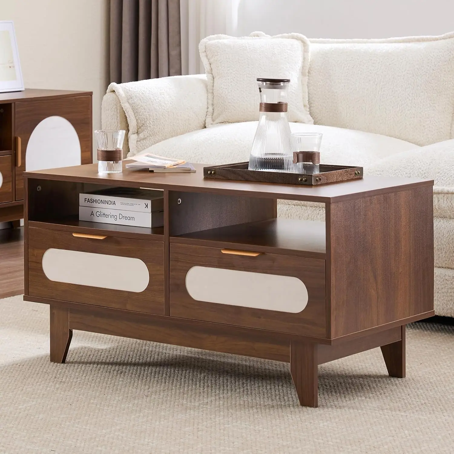 

39 inch Mid Century Coffee Table with 4 Drawers and 2 Shelve, Rectangle Wooden Wood Coffee Table for Living Room,Walnut