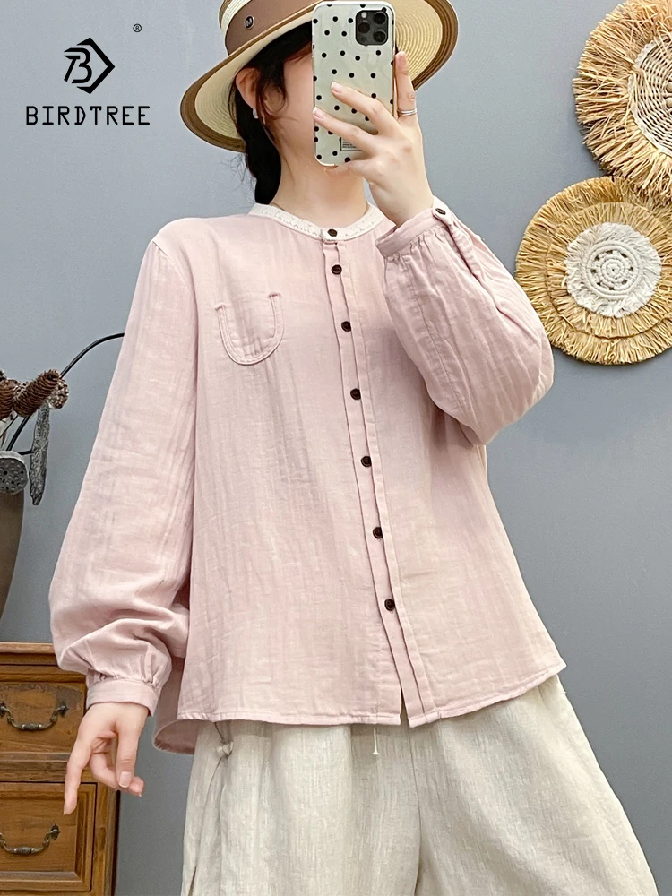 

New 2025 Winter Cotton Yarn Long Sleeve Shirt, Women Stand Lace Patchwork, Mori Girl French Design Chic Loose Blouse T5N784CC