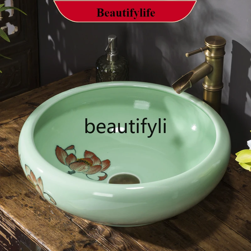 

B185 Ceramic table hand washing single basin retro Chinese art basin small size balcony washbasin basin household