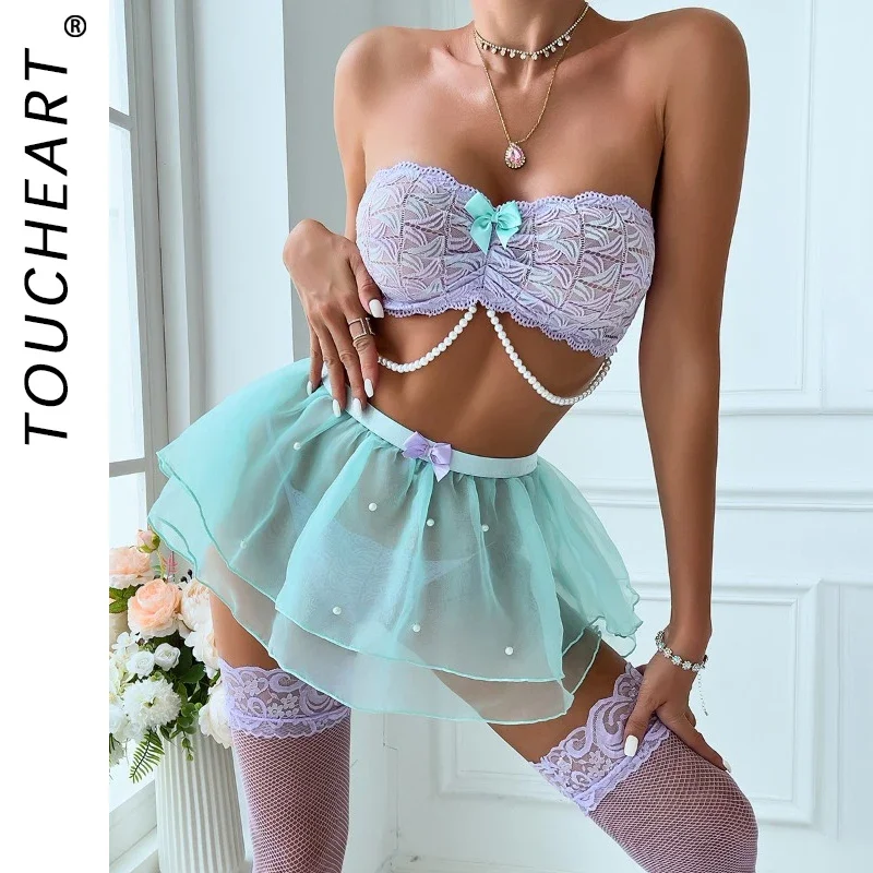 

Toucheart 4-Piece Sexy Lingerie Contrasting Color Splicing Colorful Gauze Beaded Tutu Skirt Wrapped Pearl Bow Sexy Lingerie Set