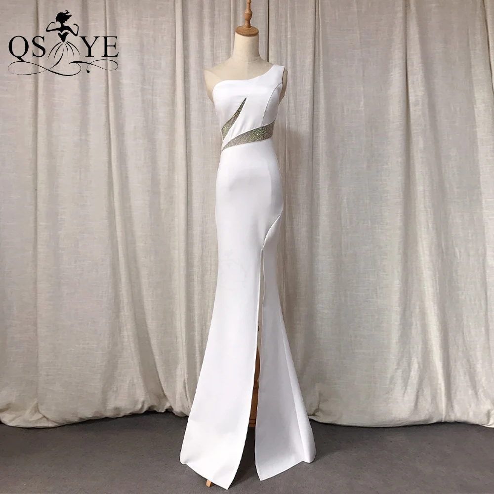 Simple White Wedding Dresses One Shoulder Side Split Bridal Gown Plain Fit Sheath Hot Drill Bride Wedding Marriage Gown Sexy New