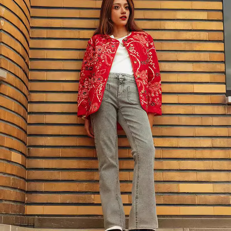 2025年冬新作 レトロ パッチワークプリント コットンジャケット ラウンドネック 長袖 ポケット付き