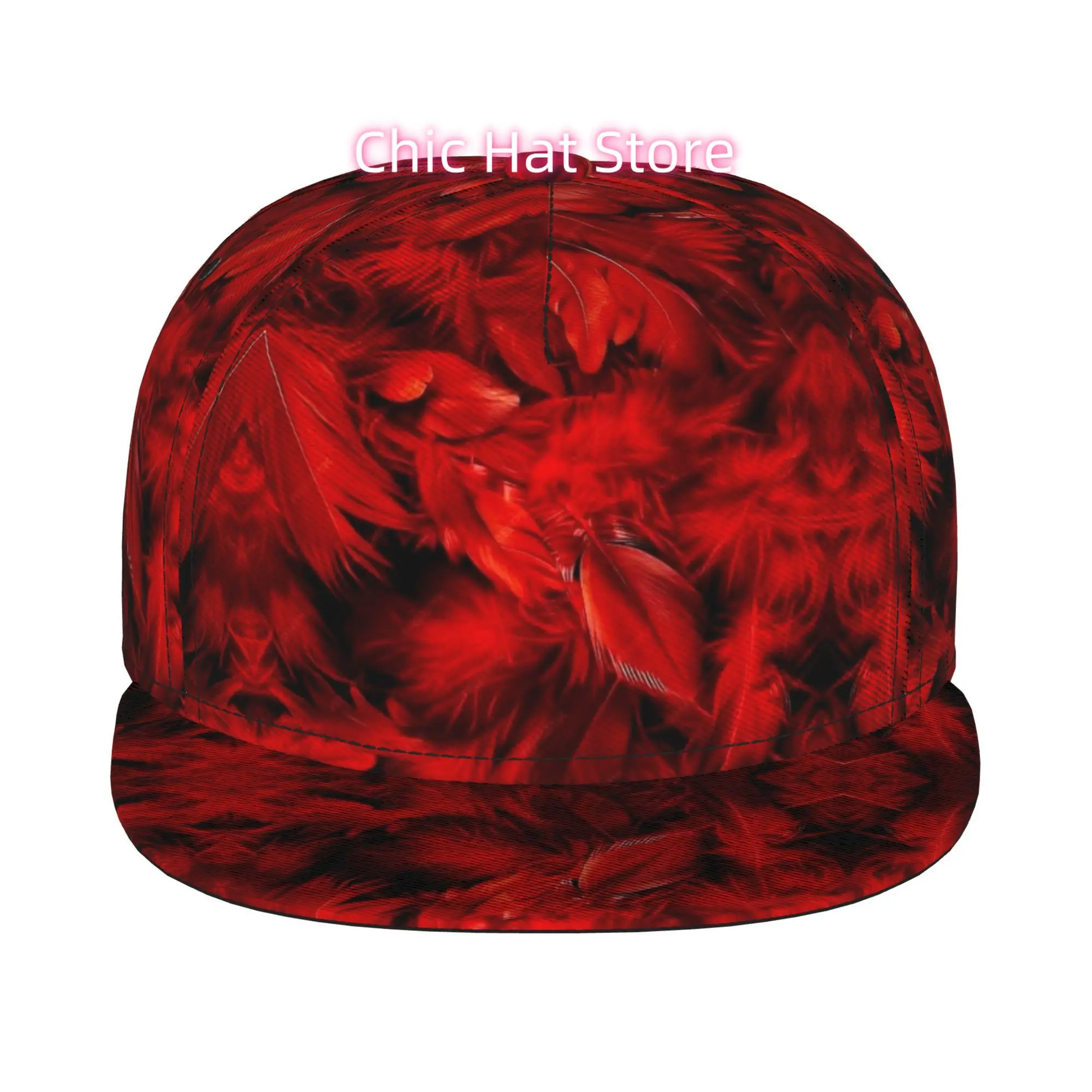1pc Red Feather Texture Fully Printed Hip-Hop Caps, Baseball Caps, Stylish Flat-Brimmed Baseball Cap, Golf Cap, Sports Outdoor