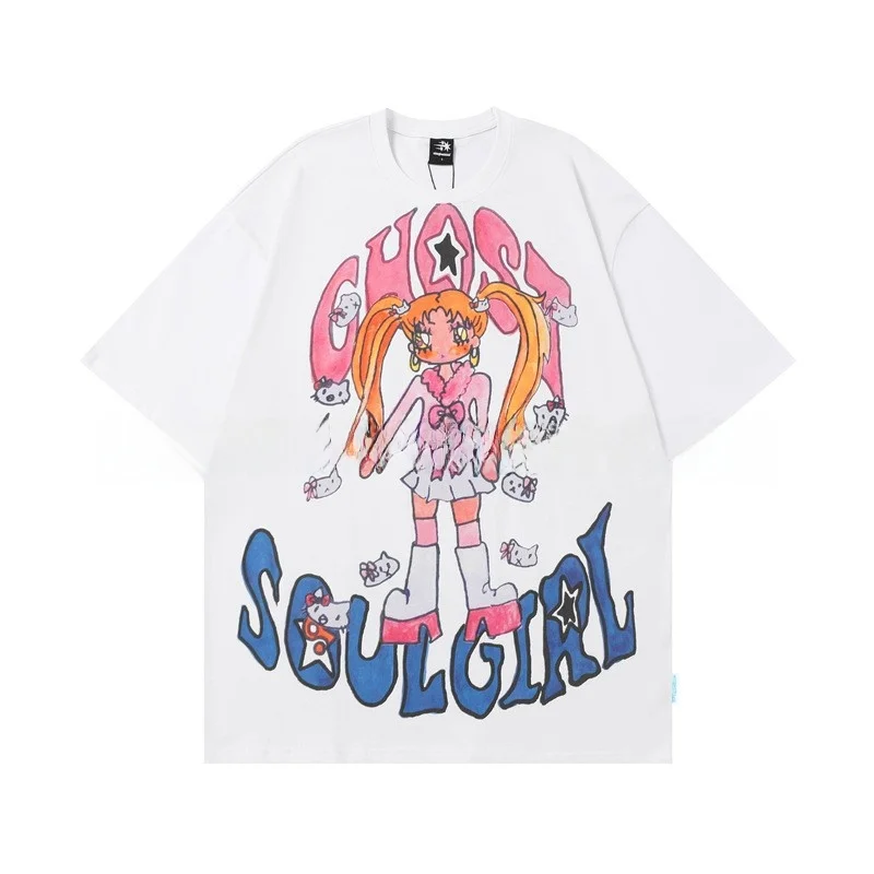 

Loose Fit Pure Cotton T-irt N Manga Print Girl Cartoon Casual Top for Women Faionable Brand Lin Naian 2025 Trend