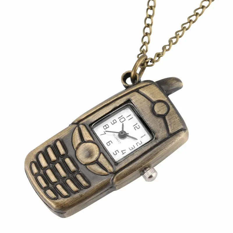 Bronze Mobile Phone Shape Men Women Quartz Pocket Watch Pendant Necklace Chain Small Size Timepice Arabic Number Clock