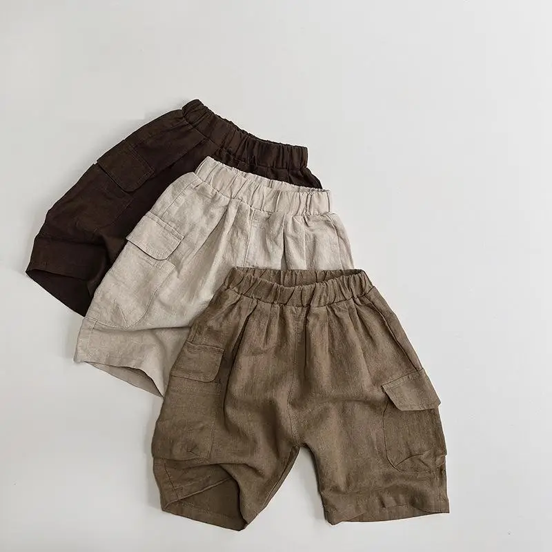 

2025 Summer New Children Casual Shorts Solid Boys Loose Shorts Vintage Girls Pocket Shorts Fashion Kids Baby Clothes