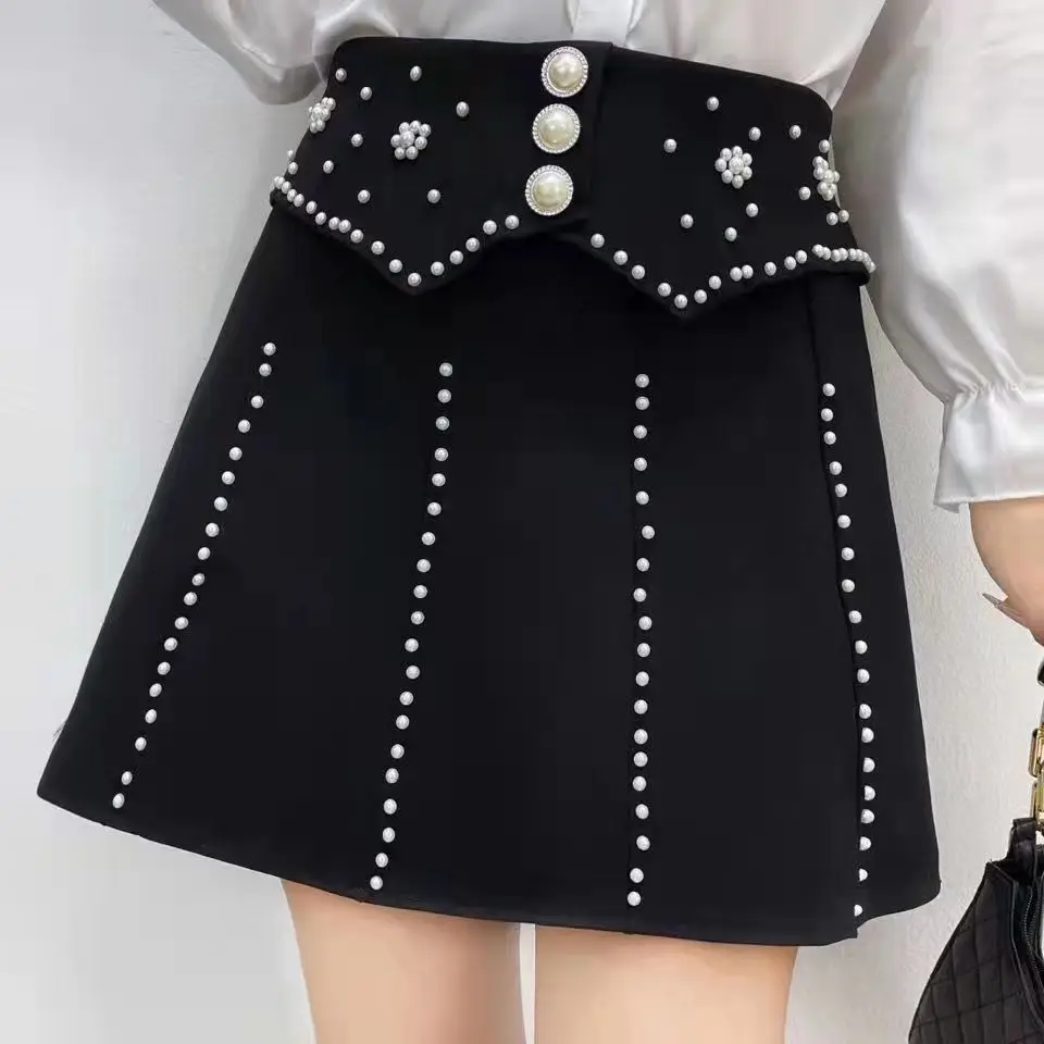 Autumn New Autumn Winter New  Beaded Versatile Half Skirt Women's High Waist Slim Pleated Skirt Short Skirt