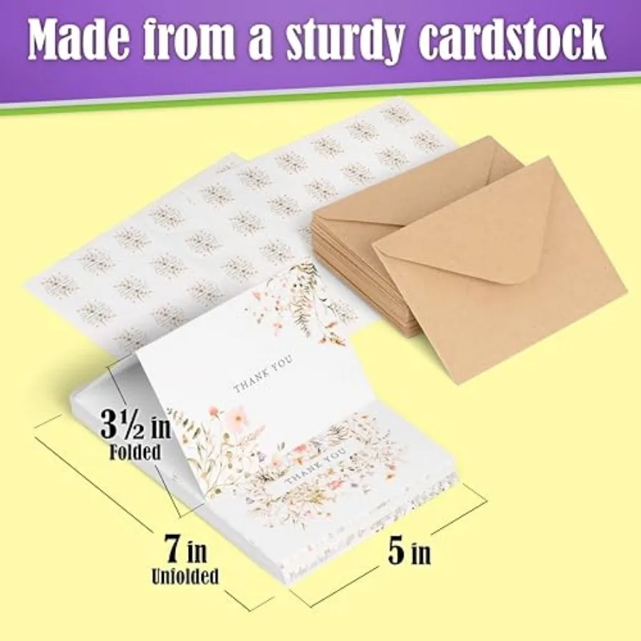 52-pack Floral Thank You Cards Bulk with Kraft Envelopes and Matching Stickers, 3.5x5 Inches, 6 Wildflower Designs Perfect for