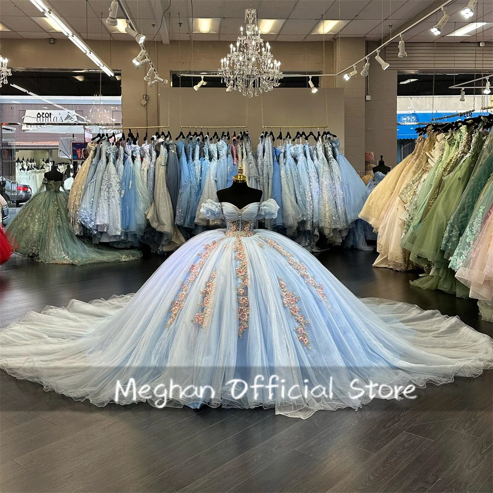 

Mexico Blue Appliques Quinceanera Dresses Ball Gown Lace-Up Luxury Dress Women 2024 Off The Shoulder Princess Gown Customized