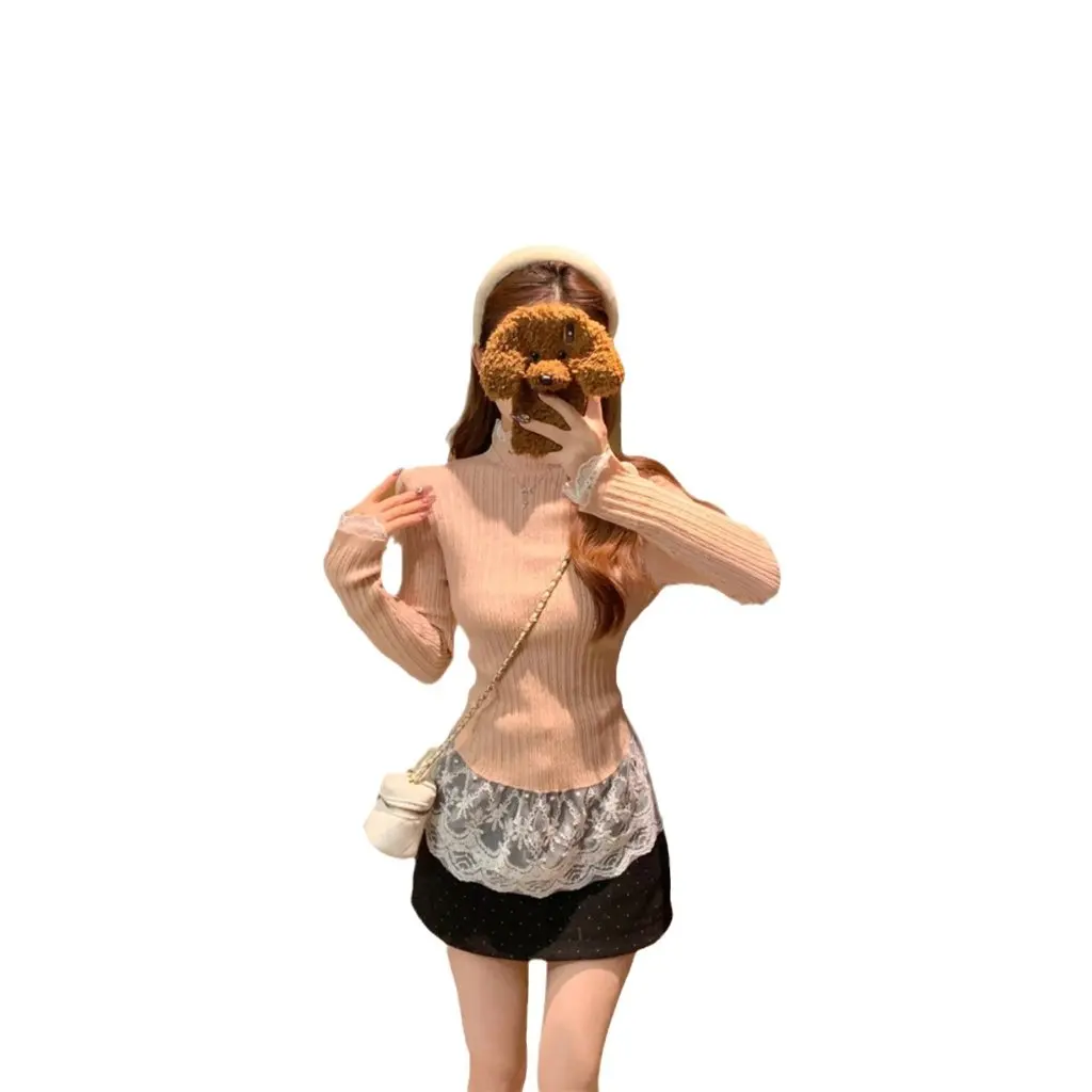 

Женский кружевной свитер с длинными рукавами и полувысоким воротником, зимний базовый слой в корейском стиле, нежное модное новое поступление