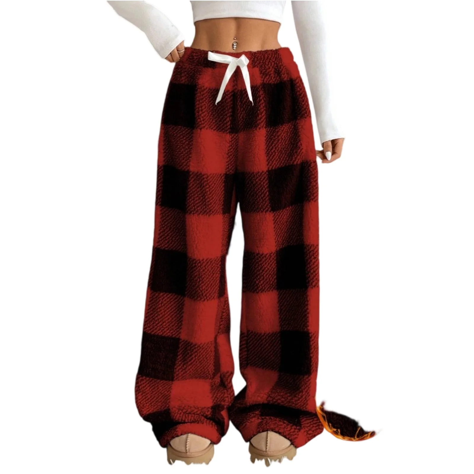 Women's Fashionable Fall and Winter Thicken Loose Elastic Drawstring Plush Checked Long Pants Comforable Casual Trousers 3