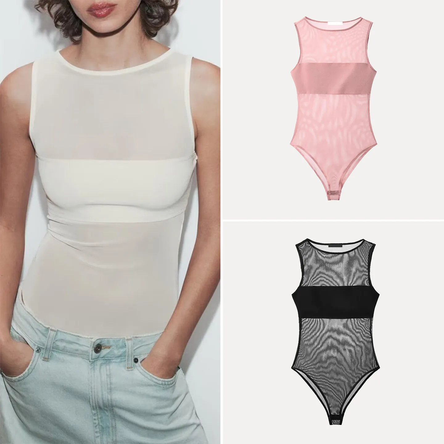 

Spring 2026 Women's Sexy Sleeveless Patchwork Silk Net Onesie High Waist Straight Leg Commute Style Pure E-commerce Sale