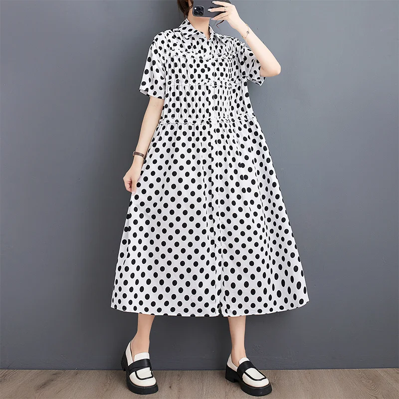 #3484 Black White Polka Dot Printed A-line Shirt Dress Short Sleeve Loose Pockets Vintage Office Midi Dress Female Vestidos Thin