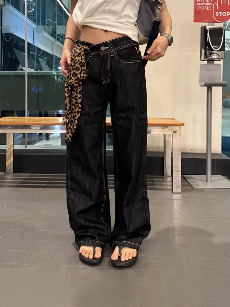 

Широкие джинсы с низкой талией, женские уличные дизайны, сексуальные повседневные длинные брюки с эффектом похудения, повседневные свободные брюки, темно-синие джинсы