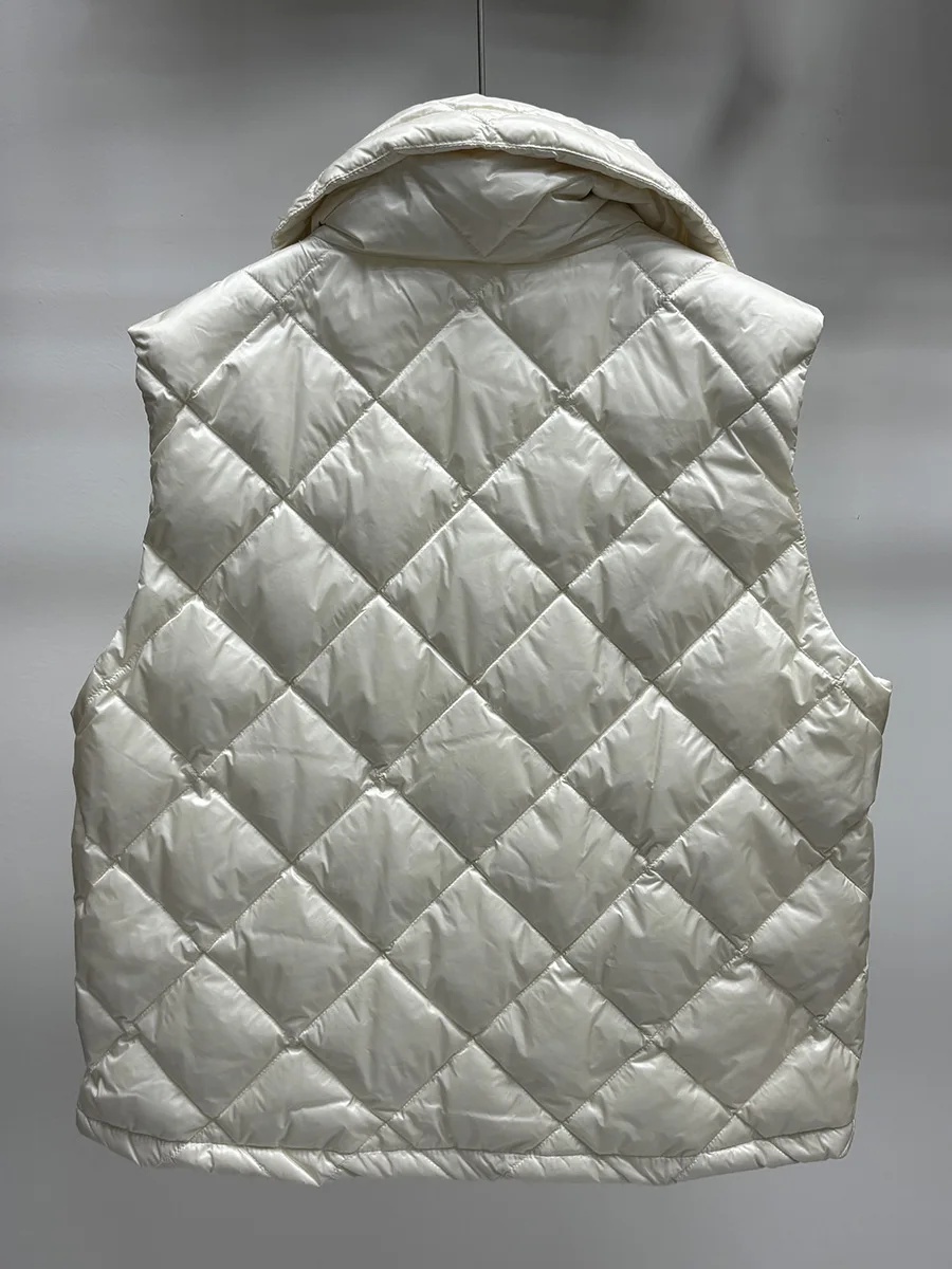女性用の白いダックダウンベスト,シンプルなアーガイルジャケット,カジュアルなノースリーブトップ,襟を折りたたんだ,秋,冬,学校,90%