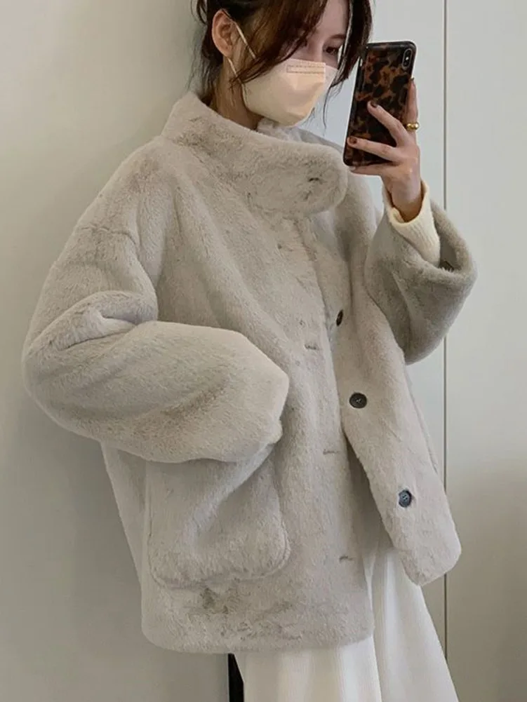 Gray Winter Furry Jackets Women Coats Soft Cozy Big Pockets Baggy Autumn and Winter Faux Fur Mink Coat Winter Warm Coat
