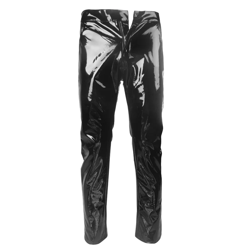 Black Party Stage Performance Slim Fit Biker Faux Leather Pants Shiny PVC Latex Trousers Fashion Motorcycle Mens Pants