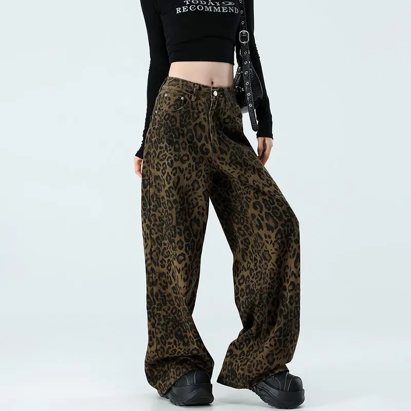 

pants Women's 2026Spring Summer Coffee Brown Leopard Print Jeans, Retro Draped Wide Leg Floor Length Designer Casual Denim Pants