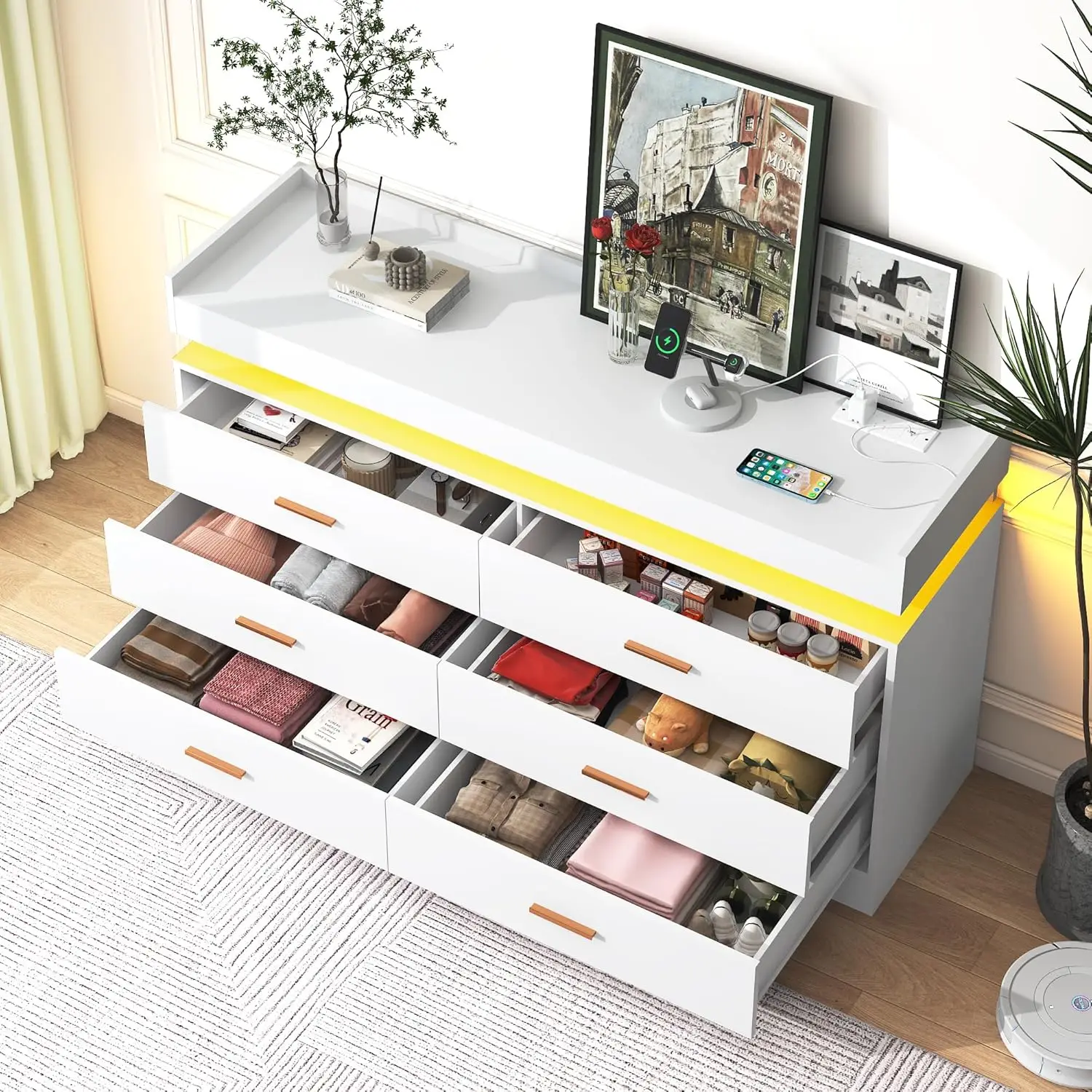 Commode à 6 tiroirs avec station de charge et lumières LED, commode moderne avec prise de courant, a