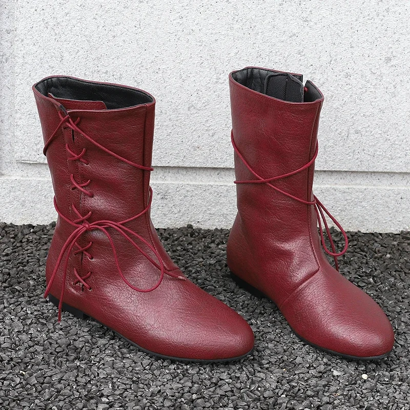 Schnürstiefel mit Kreuzbindung, Burgunderbraun, runder Zehenbereich, weiche, flache Westernstiefel, Knöchel-Cowboy-Schuhe für Damen, Winter, Herbst, Botas, Größe 48