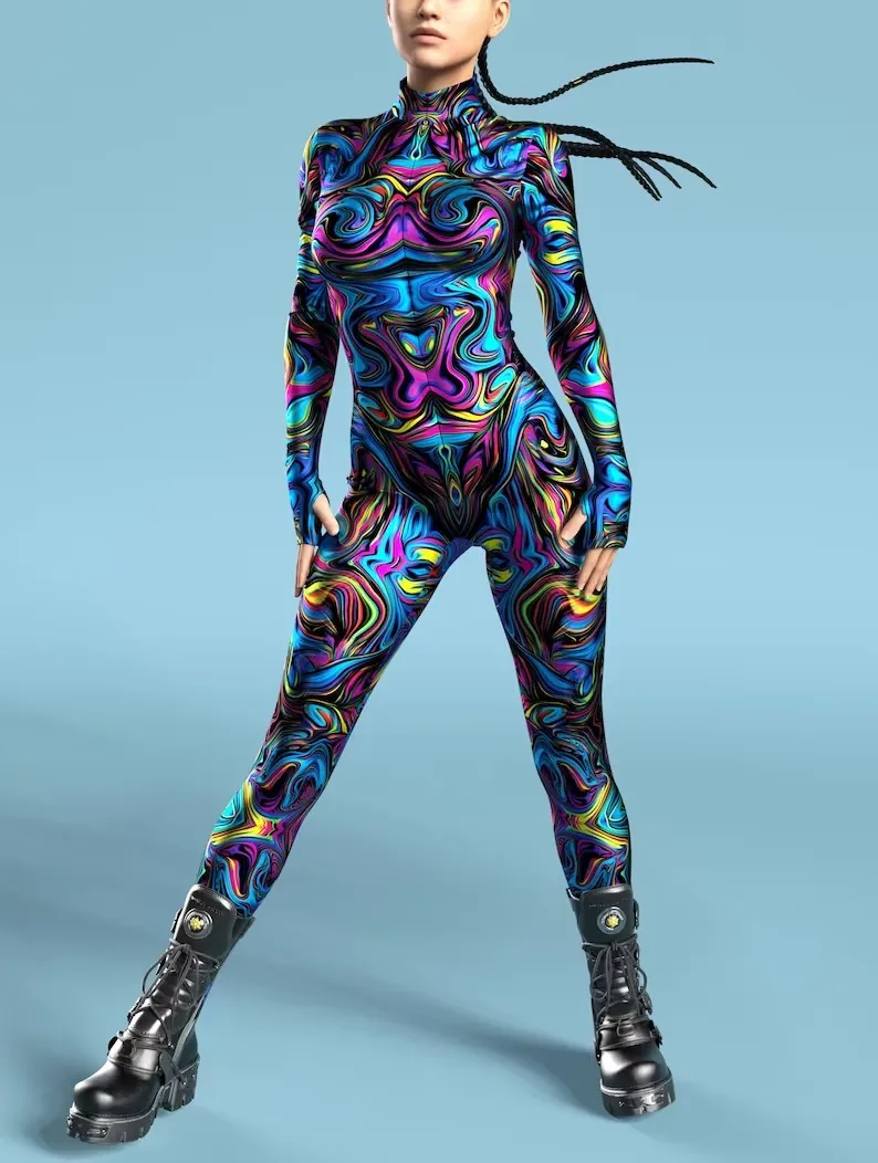 Mehrfarbiger Totenkopf-Print-Kostüm, Damen-Body mit Reißverschluss vorne, Halloween-Party, Karneval, Festival, Bühnenauftritt, Catsuit-Kostüm – Detail 2