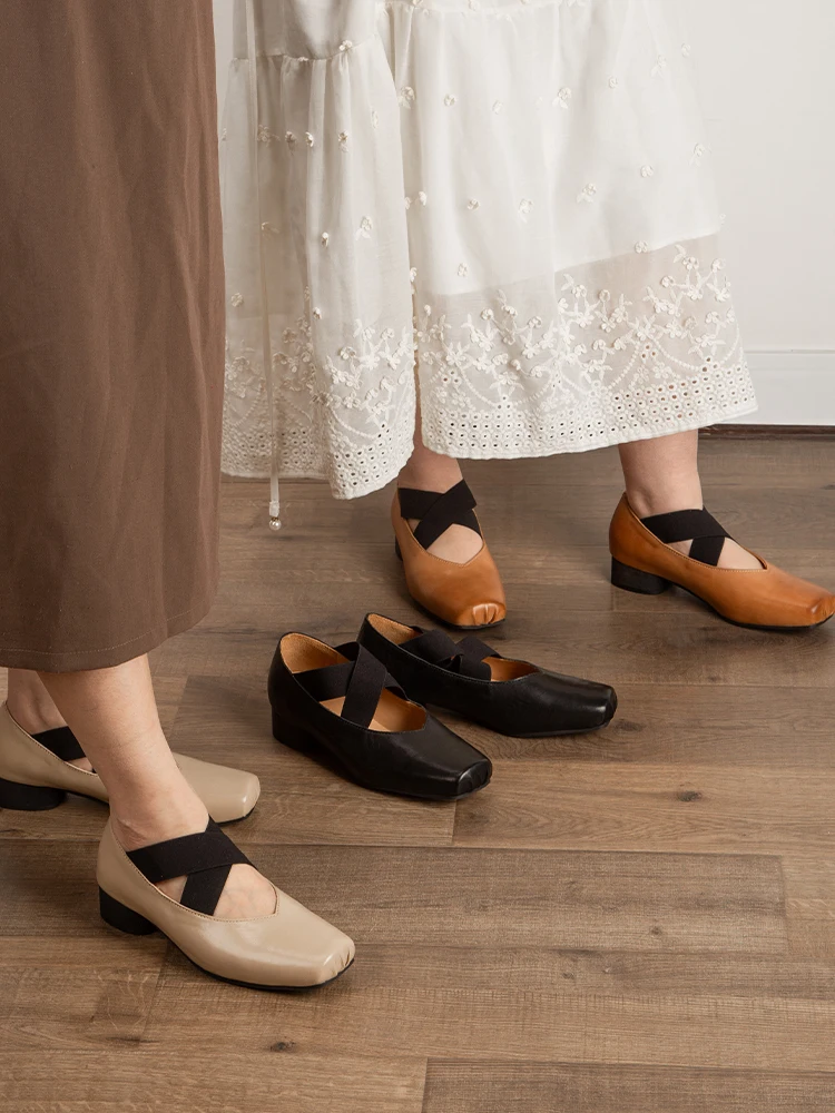 

WILL&ZEST Ballerina Polished Genuine Leather Ballets Vintage Women Pumps Elastic Heels Squared Party Shoe Balletto