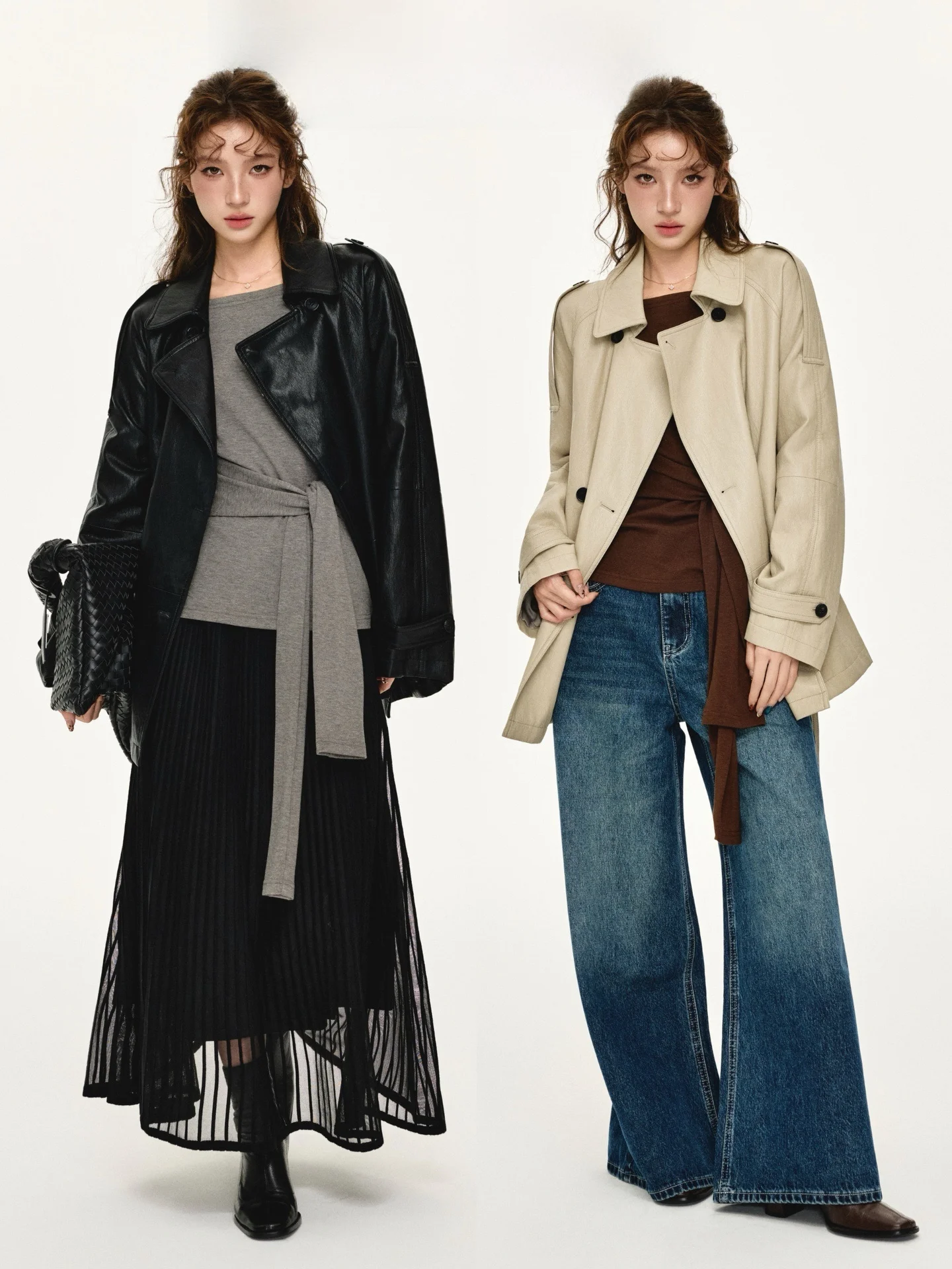 Casaco Feminino Chen Fifteen Mi Sle de Couro PU, Comprimento Médio, Abotoamento Duplo, Cinto na Cintura e Gola Alta