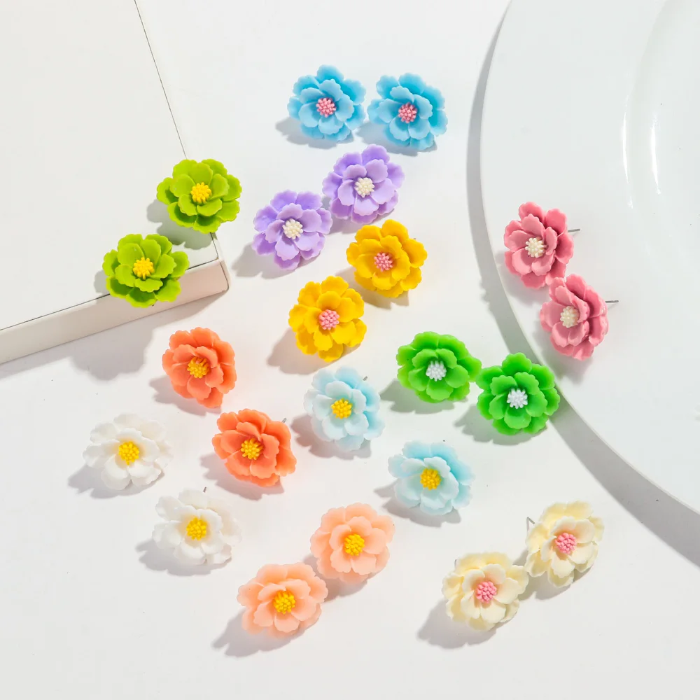 Lovely Resin Big Flower Stud Earrings for Women Cute Large Resin Korea Flower Pearl Floral Style Earring Trendy Design Jewelry