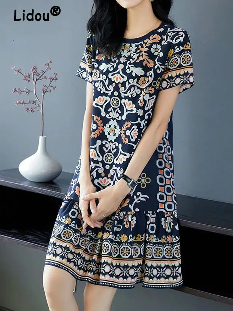 2022 Summer New Round Neck Elegant Fashion Temperament Vintage A-line Dresses Short Sleeve Printing Leisure Midi Dress Vestidos