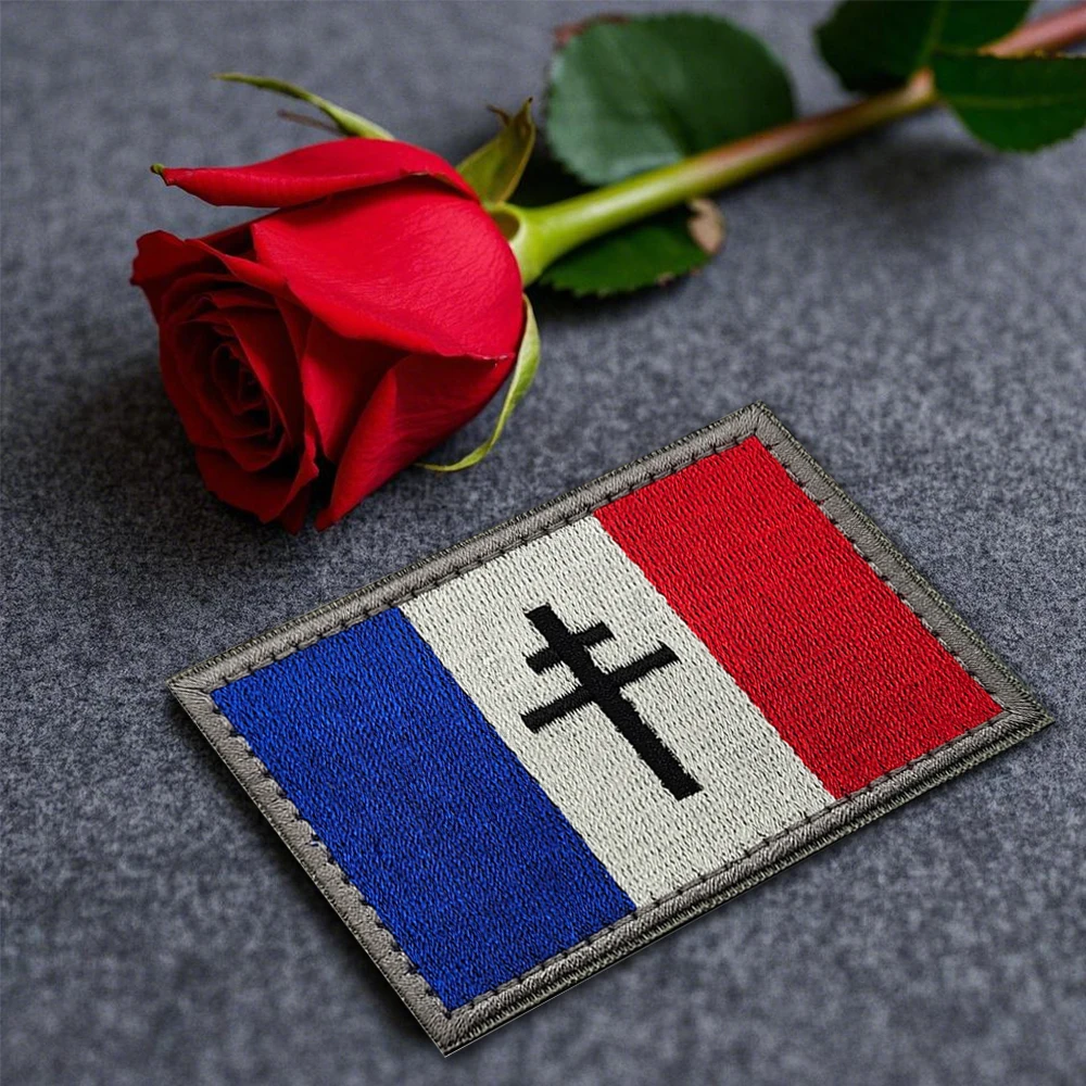 France Embroidery With Cross of Lorraine FFI Cross Liberation Coloful Embroidery Flag Patch For Bag Hat Jackets Sew-on DIY Vest
